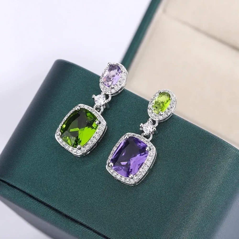 Delicate Natural Purple Zircon Green Asymmetrical 925 Silver Jewelry Earrings